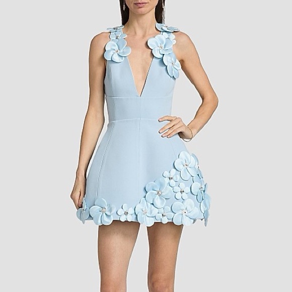 Bronx and Banco Dresses & Skirts - bronx and banco Light Blue Floral Appliqué V-Neck Mini Dress-RRP$895